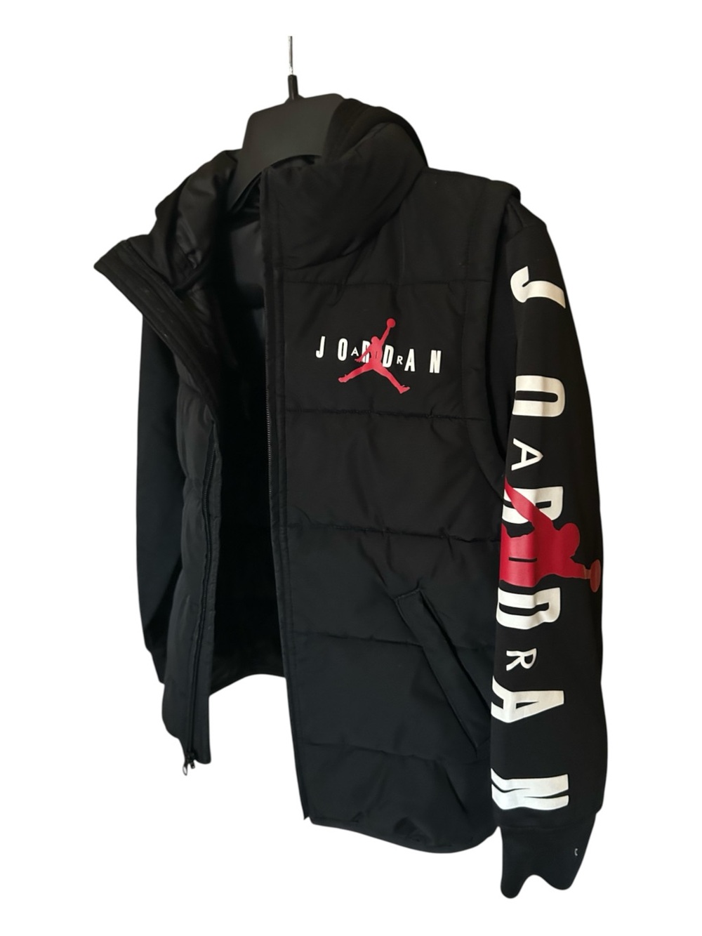 Jordan HBR Puffer Jacket in Black with Red Logo and Sleeve Graphic